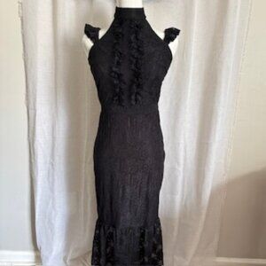 Lost Ink Elegant Black Halter Lace Dress with Ruffle Details